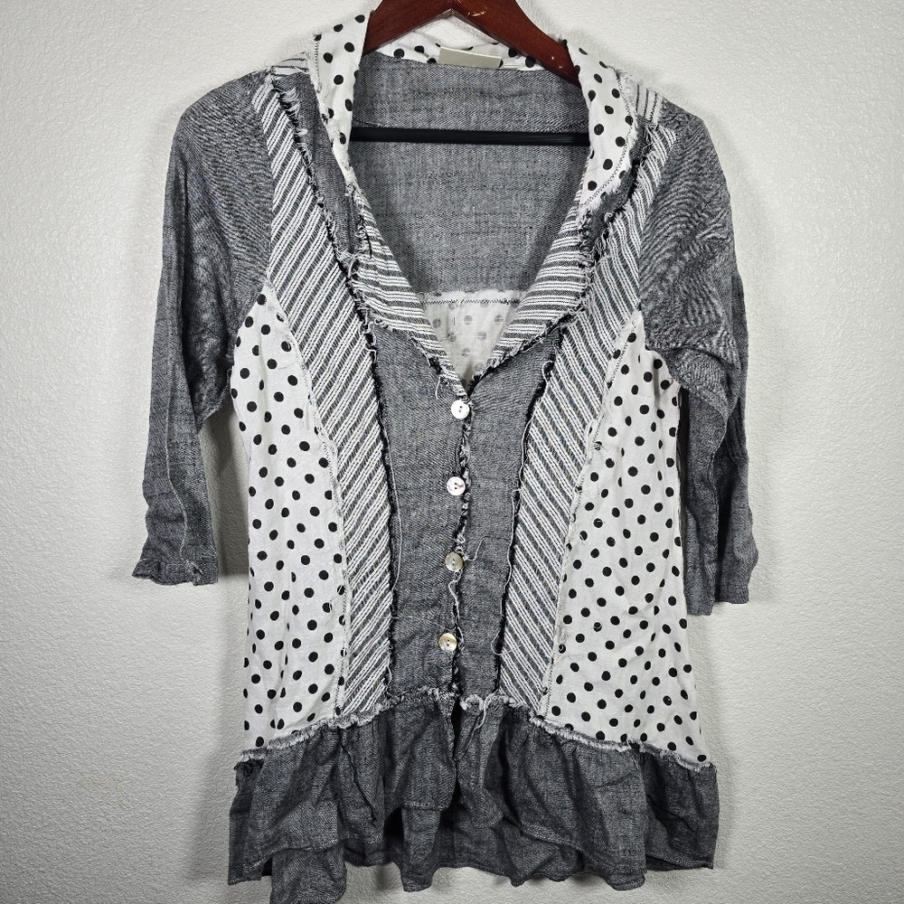 Paper Lace Mixed Media Patchwork Top‎ Size Small Geay White Polka Dot Stripes